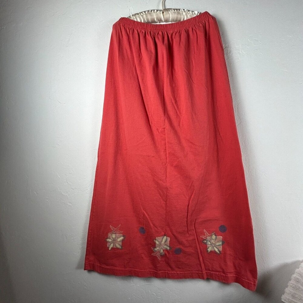 Vintage Blue Fish Maxi Skirt Hand Printed Art To Wear Organic Cotton Size 2 Red